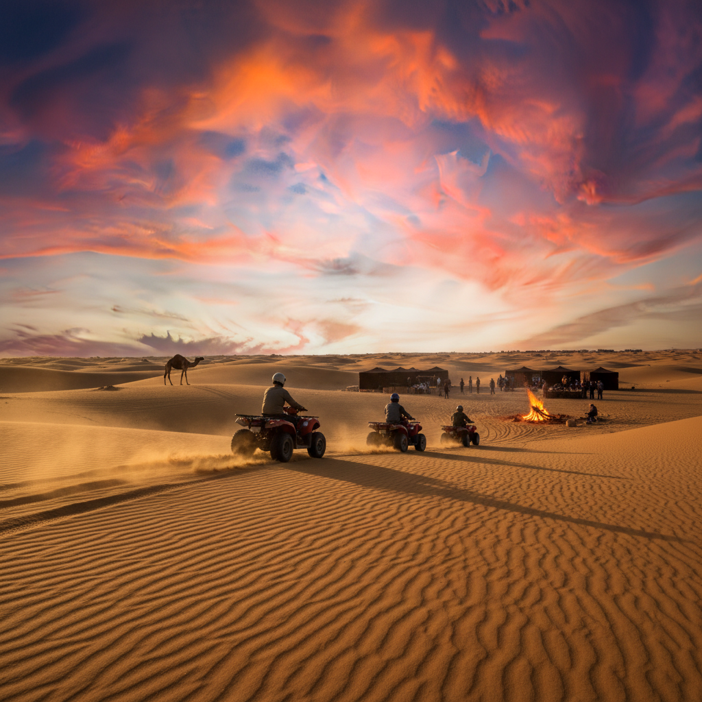 Desert safari in Hurghada Egypt with quad bikes at sunset and Bedouin camp