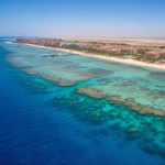 Aerial view of Hurghada Egypt Red Sea coast with turquoise water and coral reefs