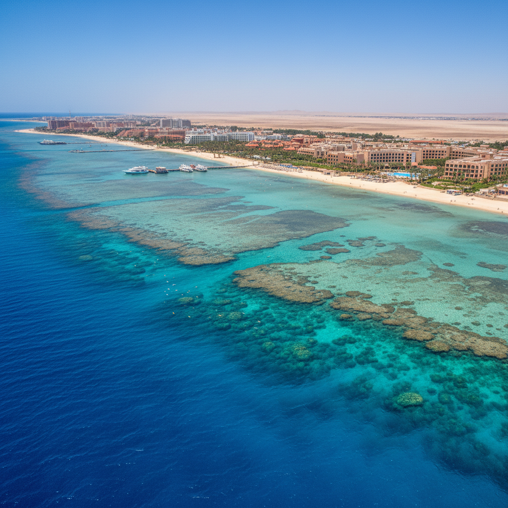 Aerial view of Hurghada Egypt Red Sea coast with turquoise water and coral reefs