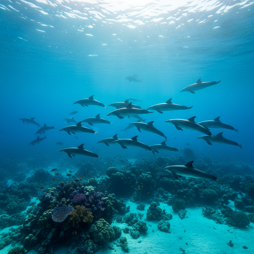 Spinner dolphins swimming in crystal clear water at Sataya Reef Marsa Alam Egypt